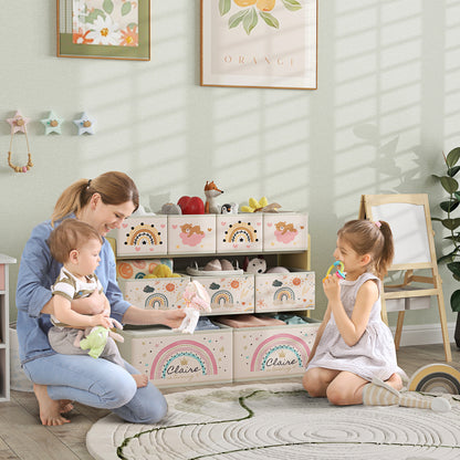 HOMCOM 3-tier kids storage unit with nine yellow fabric boxes for toys and books in a bedroom or nursery.