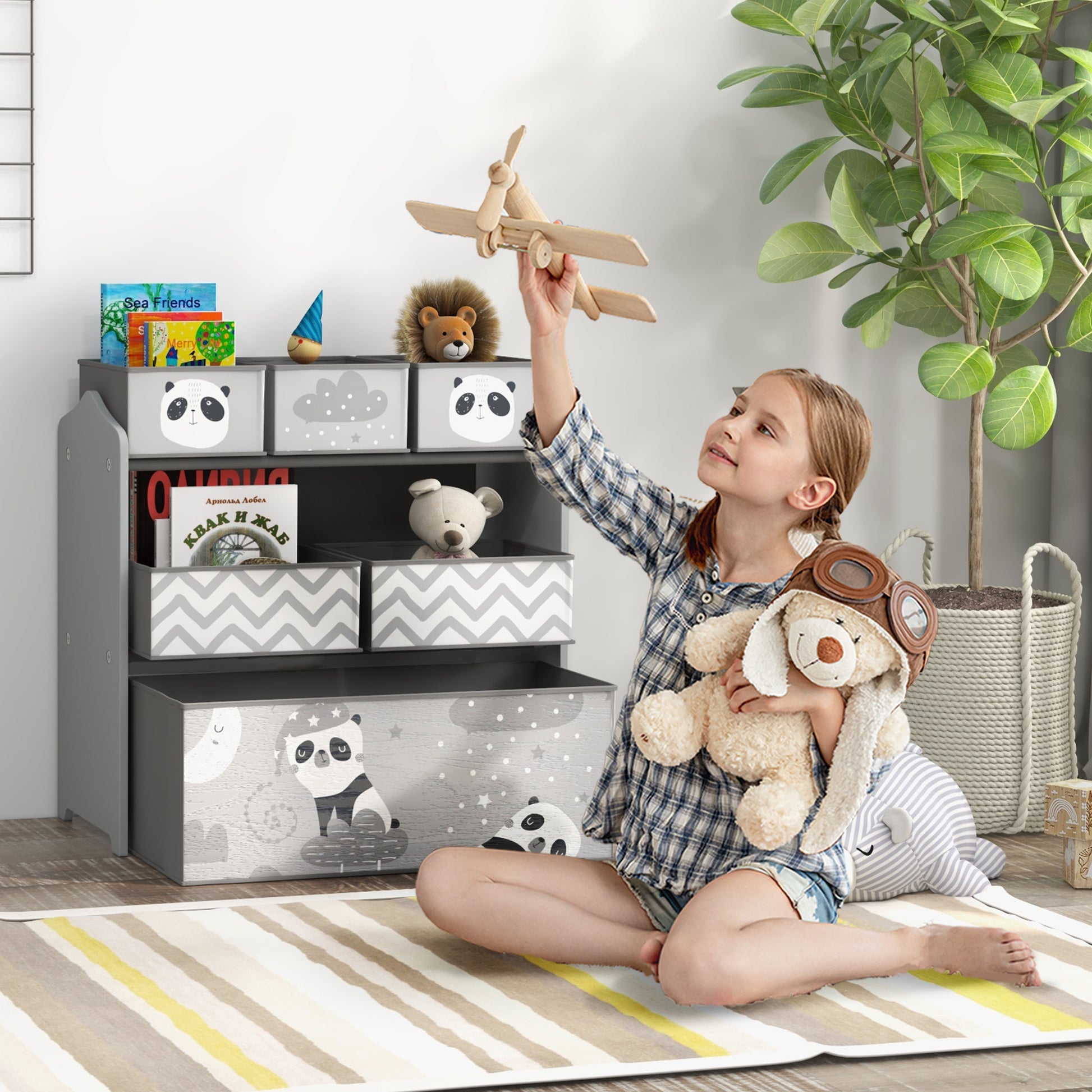 HOMCOM ZONEKIZ kids storage unit with six fabric bins, grey toy organiser for bedrooms, playrooms, and nurseries.