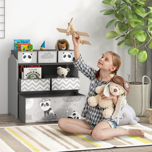 HOMCOM ZONEKIZ kids storage unit with six fabric bins, grey toy organiser for bedrooms, playrooms, and nurseries.