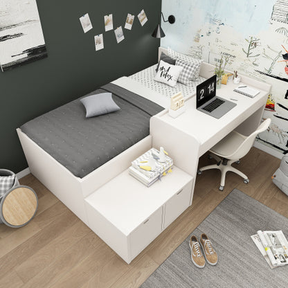 White kids single bed with desk, drawers, slatted frame, 90x190 cm, wooden storage bed for teenagers and adults by HOMCOM.
