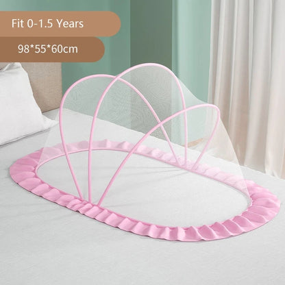 Foldable baby crib mosquito net by eprolo covering full crib with mesh fabric to keep insects away.