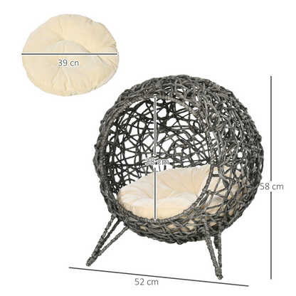 Rattan elevated cat house with kitten basket and cushion in grey, PawHut pet bed for cozy indoor feline relaxation