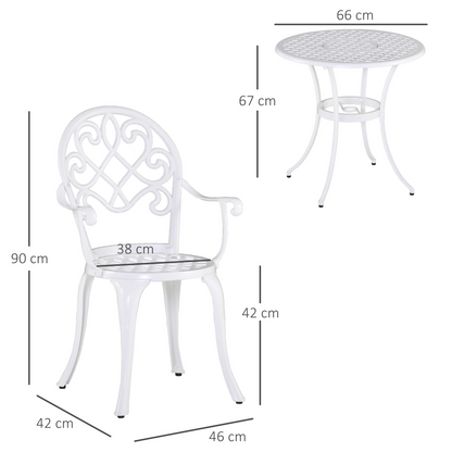 White 3-piece cast aluminium garden bistro set with round table and two chairs for outdoor dining and relaxation.