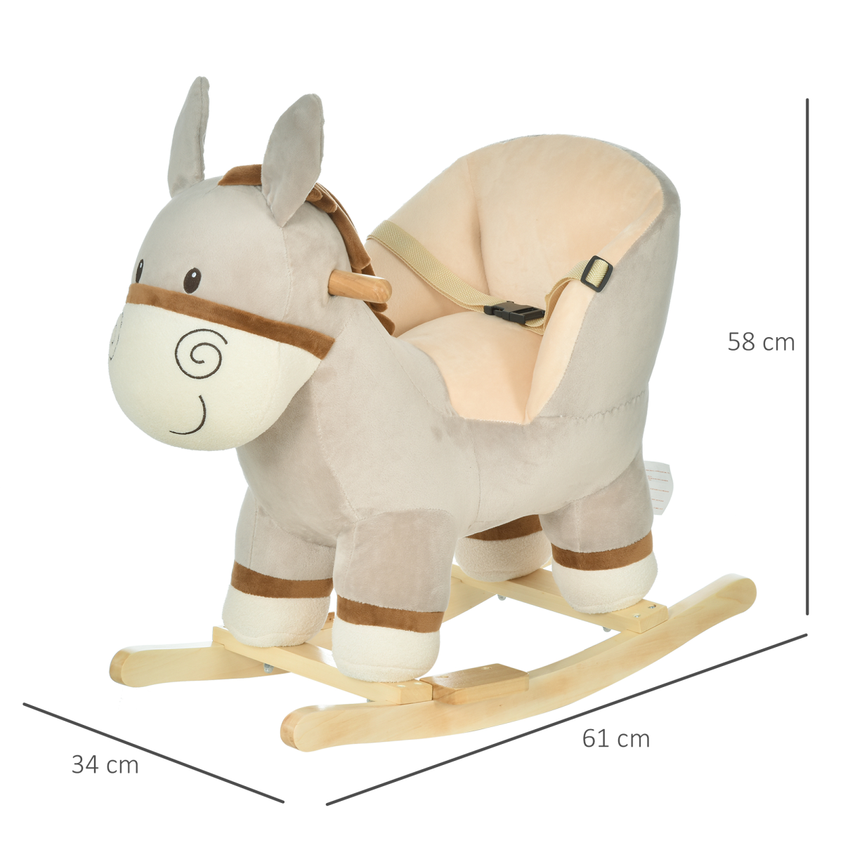 Kids ride-on rocking donkey with plush body, sound features, handlebars, seat belt, ideal for children’s play and comfort.