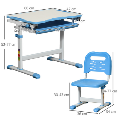 Kids desk and chair set with adjustable tiltable surface, drawer, pen slot, and hook for children’s study space.