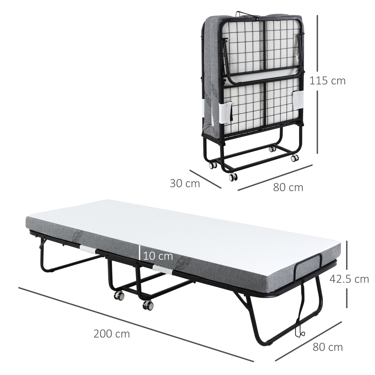 HOMCOM folding guest bed with 10cm mattress, portable metal frame, foldable design for easy storage and comfortable sleeping.