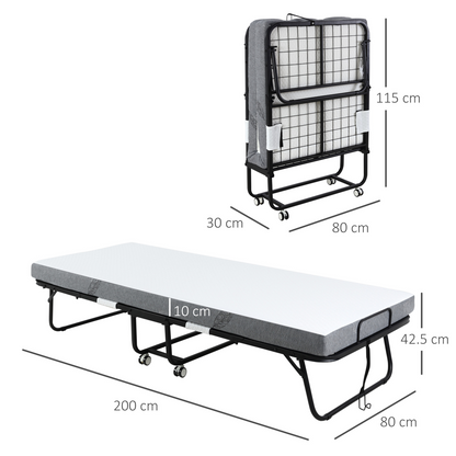 HOMCOM folding guest bed with 10cm mattress, portable metal frame, foldable design for easy storage and comfortable sleeping.