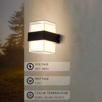 LEDsone Cuboid Box 12W Up/Down IP54 LED Outdoor Wall Sconce Light mounted on exterior wall, showcasing sleek modern design and durable finish.