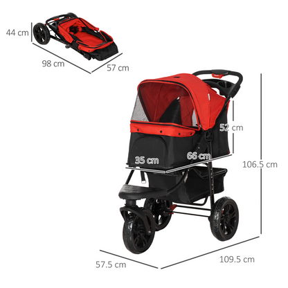 Folding 3 Wheel Pet Stroller Travel Adjustable Canopy Storage Brake Red Pawhut