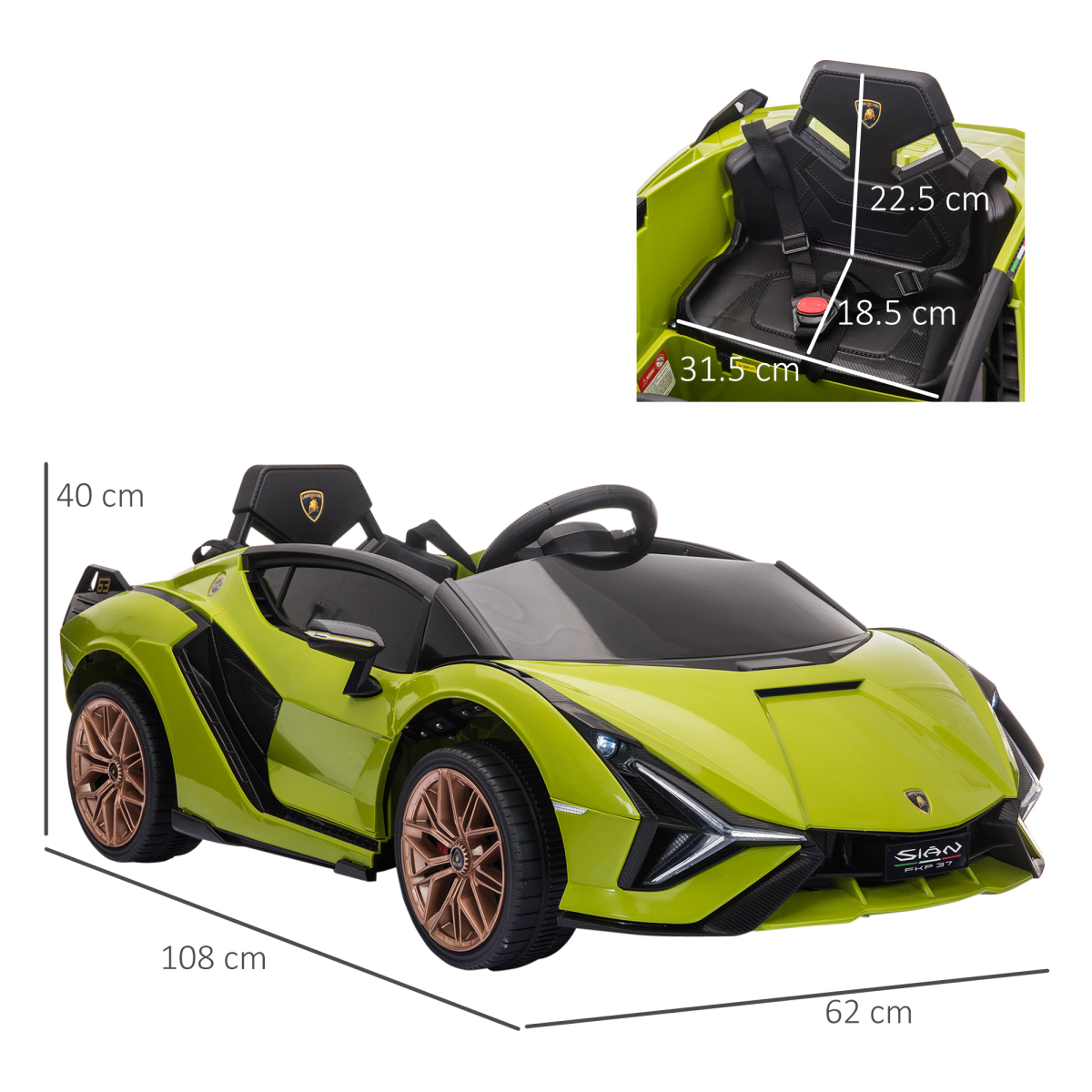 Lamborghini SIAN 12V kids electric ride-on car toy with remote control, featuring realistic design and bright yellow color.