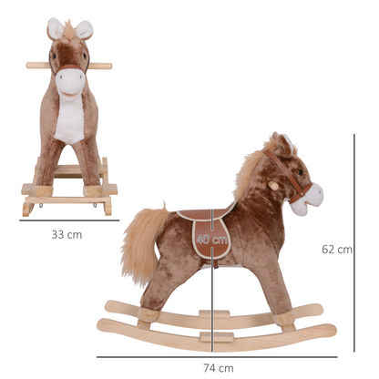 HOMCOM wooden kids rocking horse with plush saddle for children aged 3, ride-on toy and rocker for young kids.