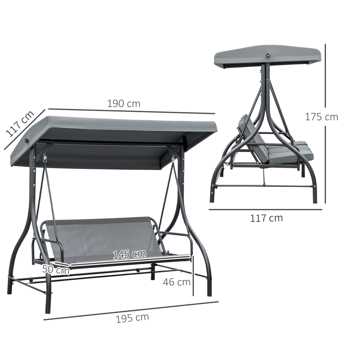 Dark grey Outsunny 3-seater canopy swing chair with porch hammock bed and rocking bench design, shown outdoors on a garden patio.