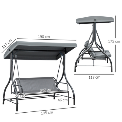 Dark grey Outsunny 3-seater canopy swing chair with porch hammock bed and rocking bench design, shown outdoors on a garden patio.