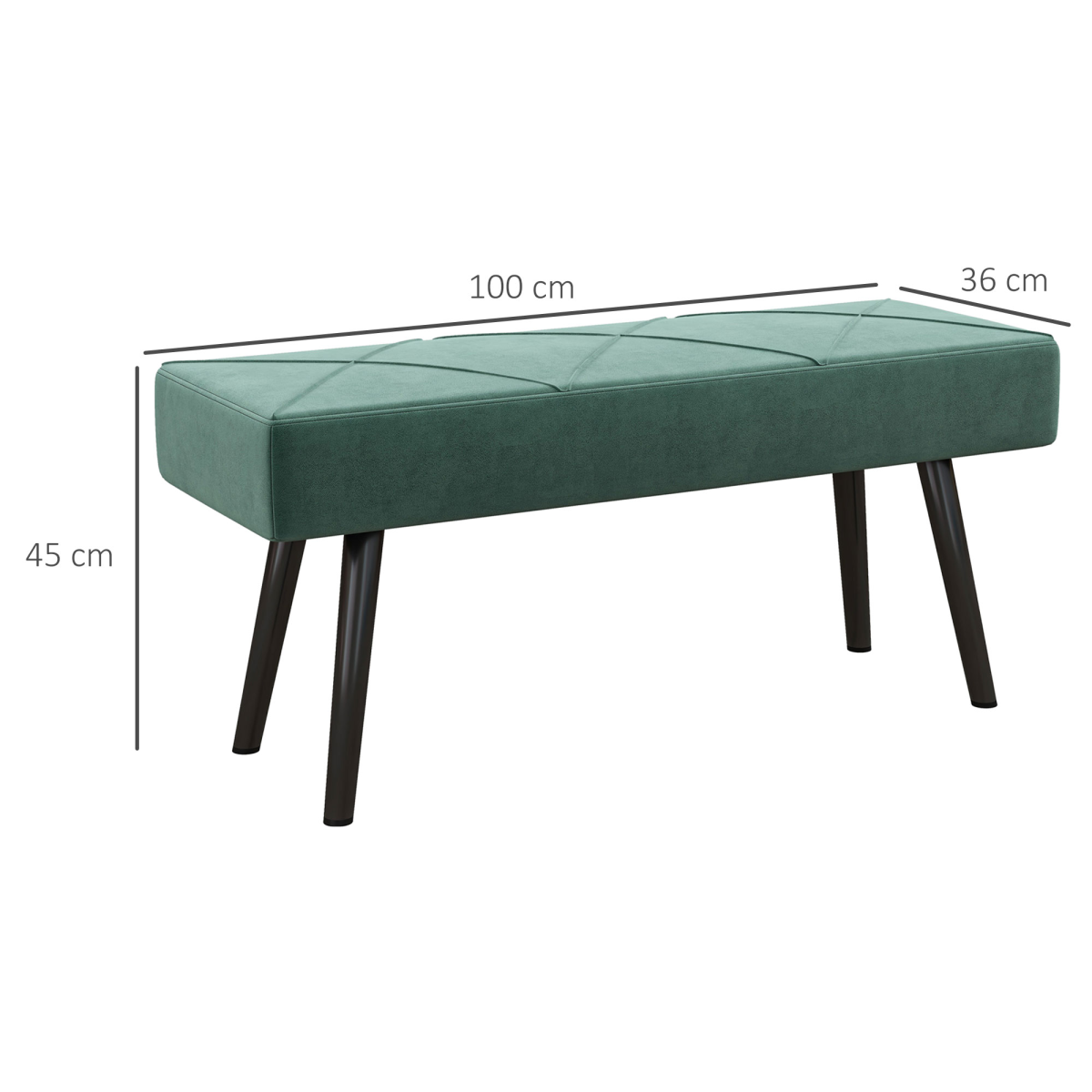 Green upholstered end of bed bench with steel legs, ideal for bedroom or hallway, by HOMCOM.