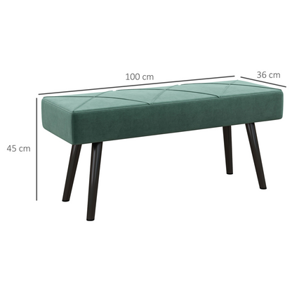 Green upholstered end of bed bench with steel legs, ideal for bedroom or hallway, by HOMCOM.