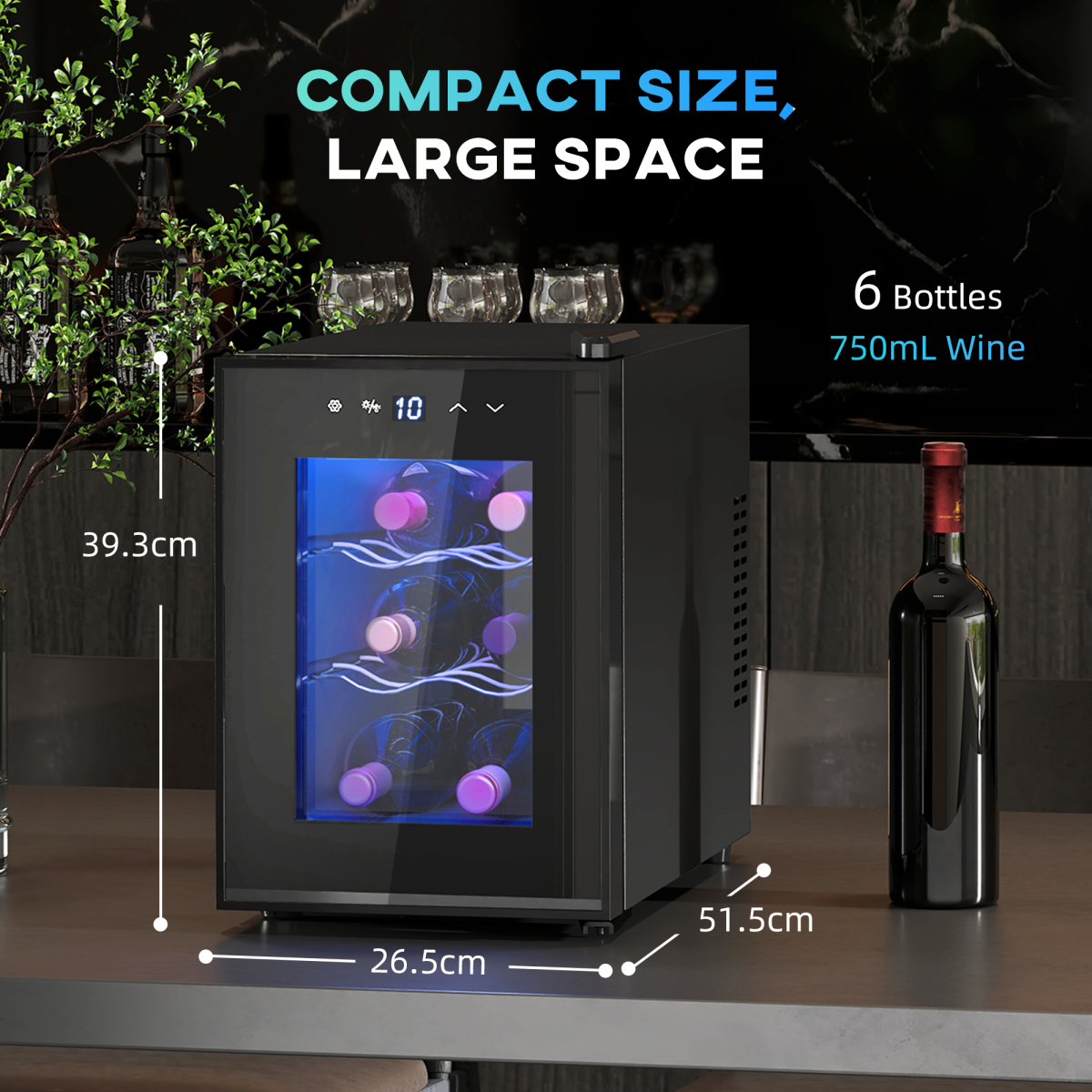 HOMCOM mini beer and wine fridge with glass door, 6-bottle capacity, touch screen control, compact beverage cooler.