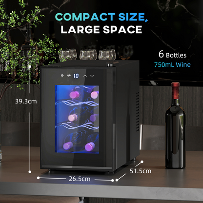 HOMCOM mini beer and wine fridge with glass door, 6-bottle capacity, touch screen control, compact beverage cooler.