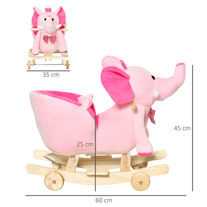 Pink HOMCOM 2-in-1 baby rocking horse and ride-on elephant with wheels, featuring musical elements and a sturdy design.