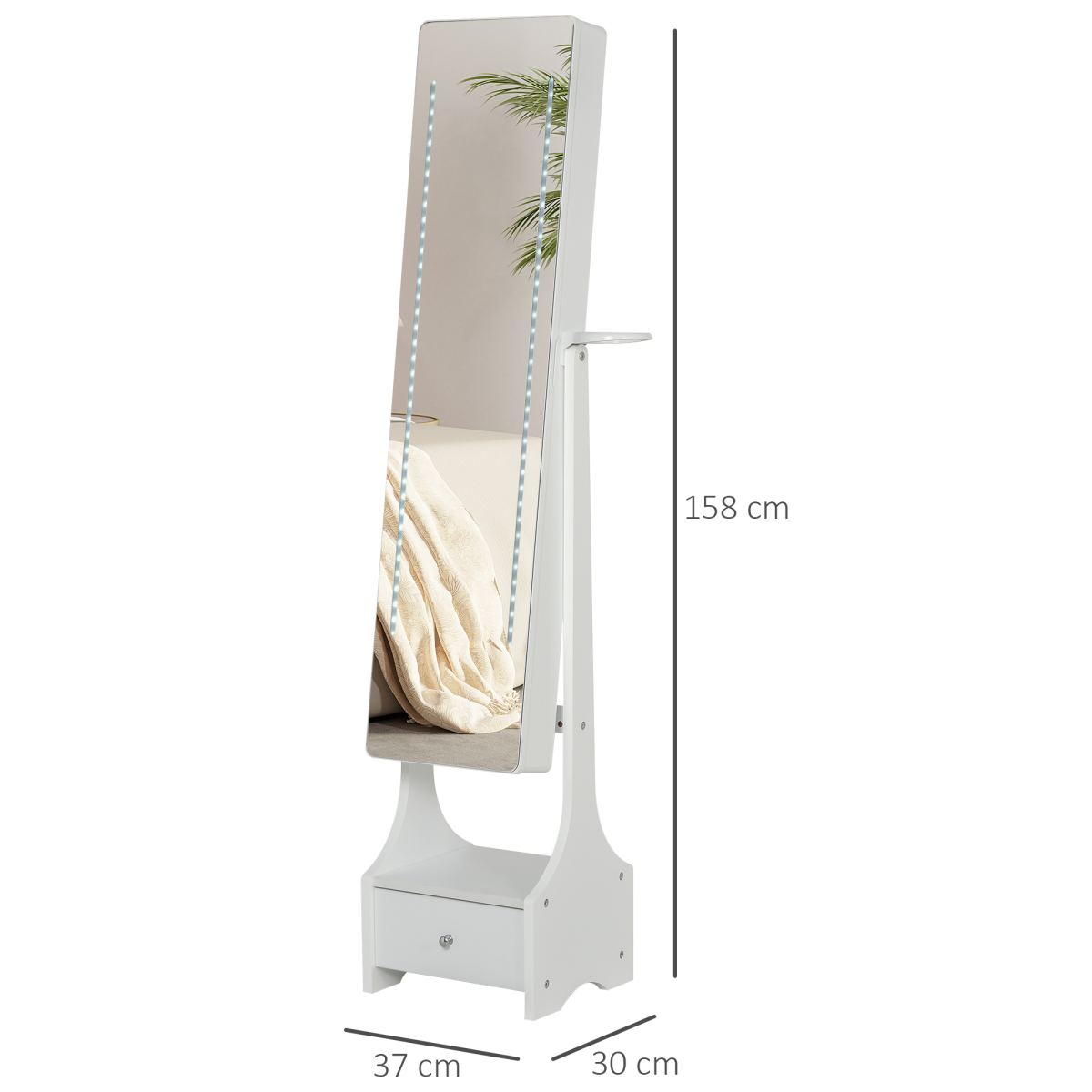 Freestanding jewelry storage mirror armoire with LED lights, hooks, and drawers for organizing necklaces, rings, and accessories.