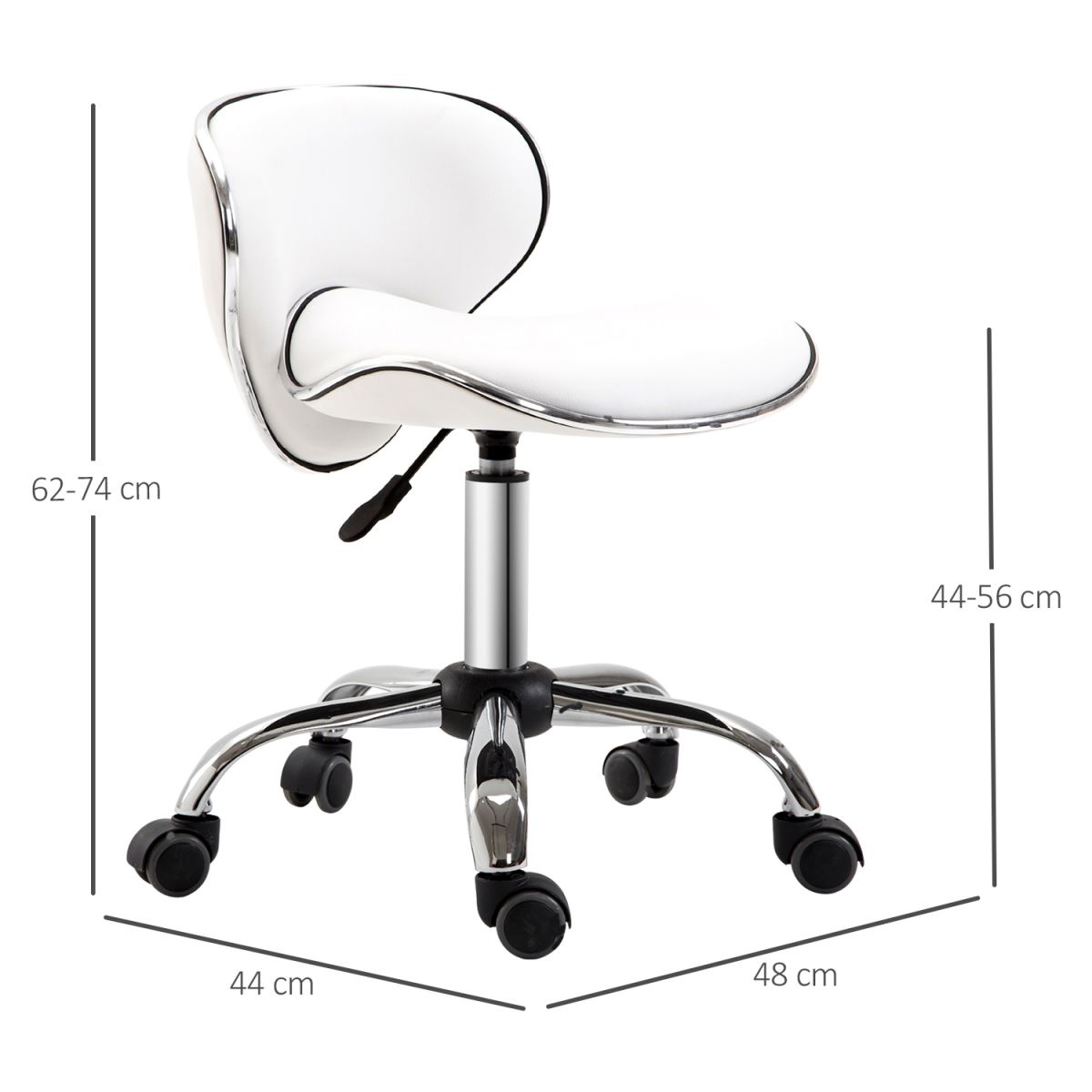 White HOMCOM office salon technician rolling stool with low back and adjustable height for beauty salon or office use.