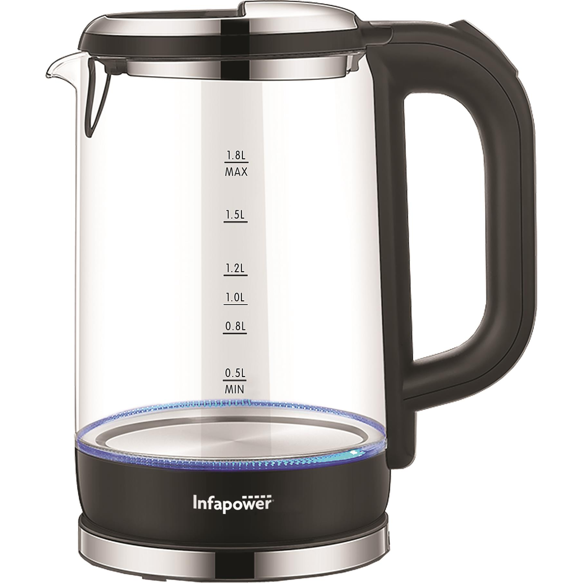 Infapower Glass 1800W cordless kettle with 1.7L capacity, clear glass body, and 360° swivel base on a kitchen countertop.