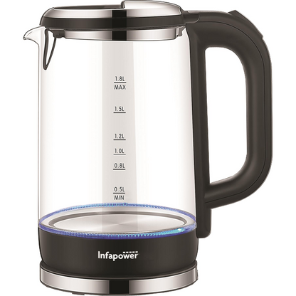 Infapower Glass 1800W cordless kettle with 1.7L capacity, clear glass body, and 360° swivel base on a kitchen countertop.