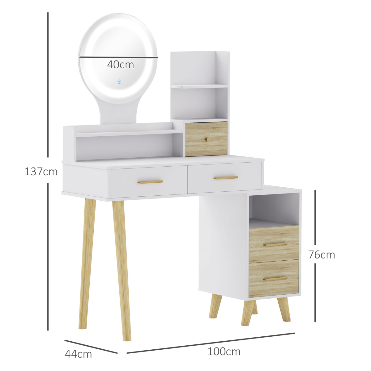 Dressing Table with Mirror, Vanity Table with LED Lights, White