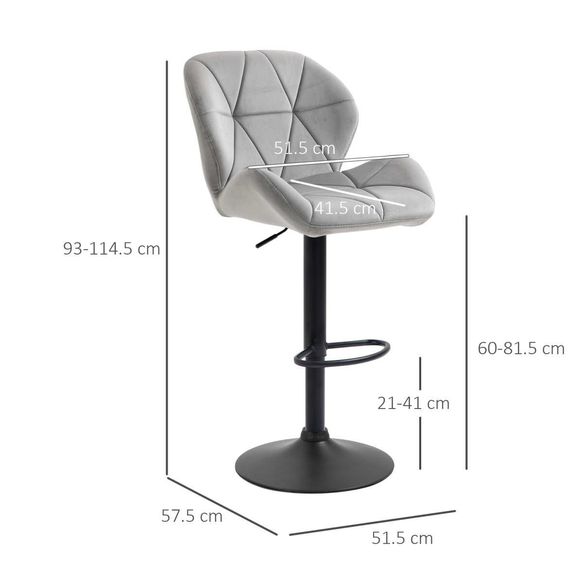 Set of two light grey fabric bar stools with adjustable height and metal bases, ideal for kitchen counters or bars.