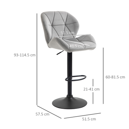 Set of two light grey fabric bar stools with adjustable height and metal bases, ideal for kitchen counters or bars.