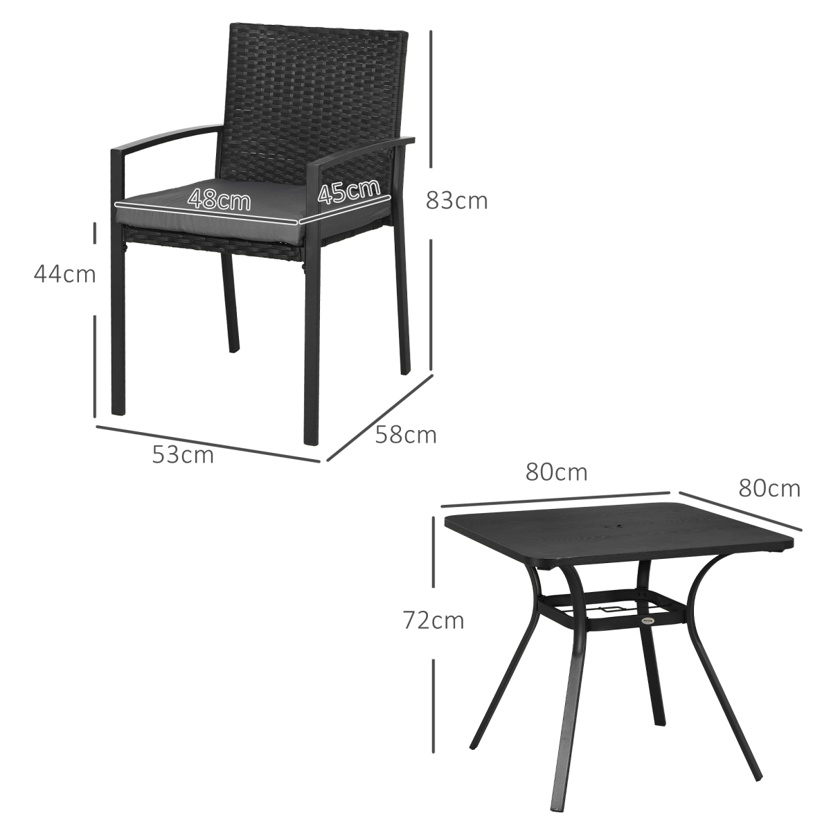 Outsunny 4-seater black rattan garden dining set with table featuring an umbrella hole, outdoor furniture for patio or backyard.