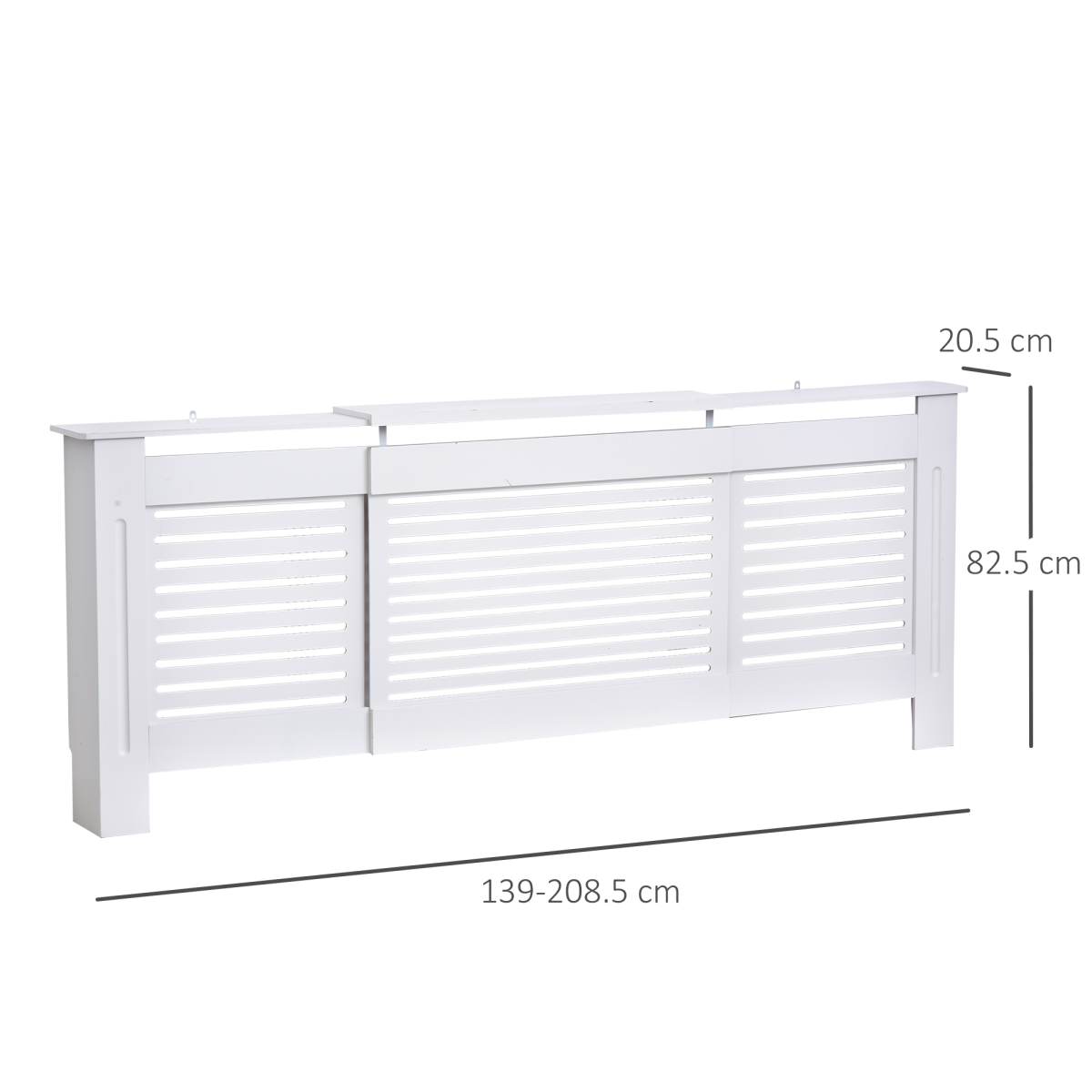 White extendable MDF radiator cover by HOMCOM, showcasing a sleek, adjustable design with slatted panels for heat flow and modern style.