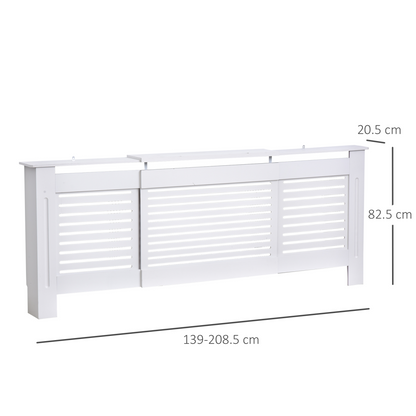 White extendable MDF radiator cover by HOMCOM, showcasing a sleek, adjustable design with slatted panels for heat flow and modern style.