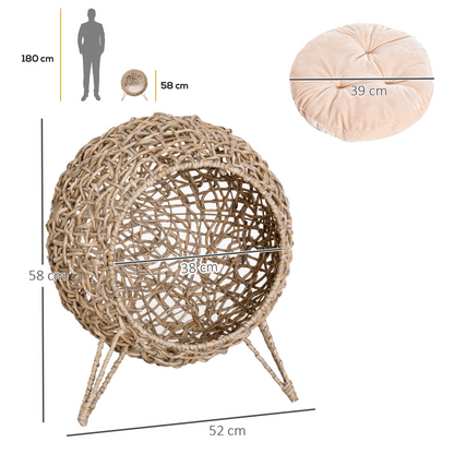 Ball-shaped rattan cat house with natural wood finish, raised pet bed for cats, by PawHut.