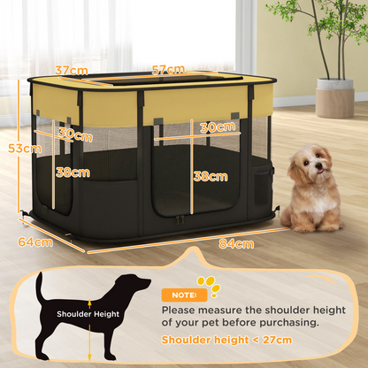 Yellow portable dog pen by PawHut with mesh sides, suitable for puppies, rabbits, kittens, and guinea pigs.