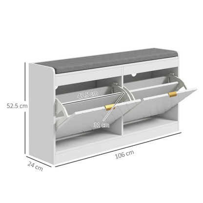 Shoe Bench with 2 Flip Drawers, Cushion, 8 Pairs for Entryway White