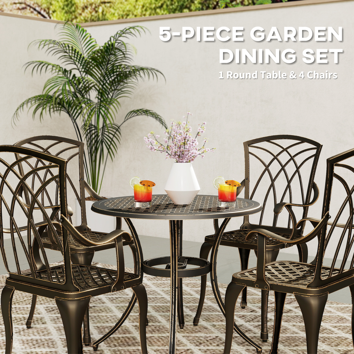 Outsunny 5-piece garden dining set with bronze-tone metal tables and chairs for outdoor patio and garden seating.
