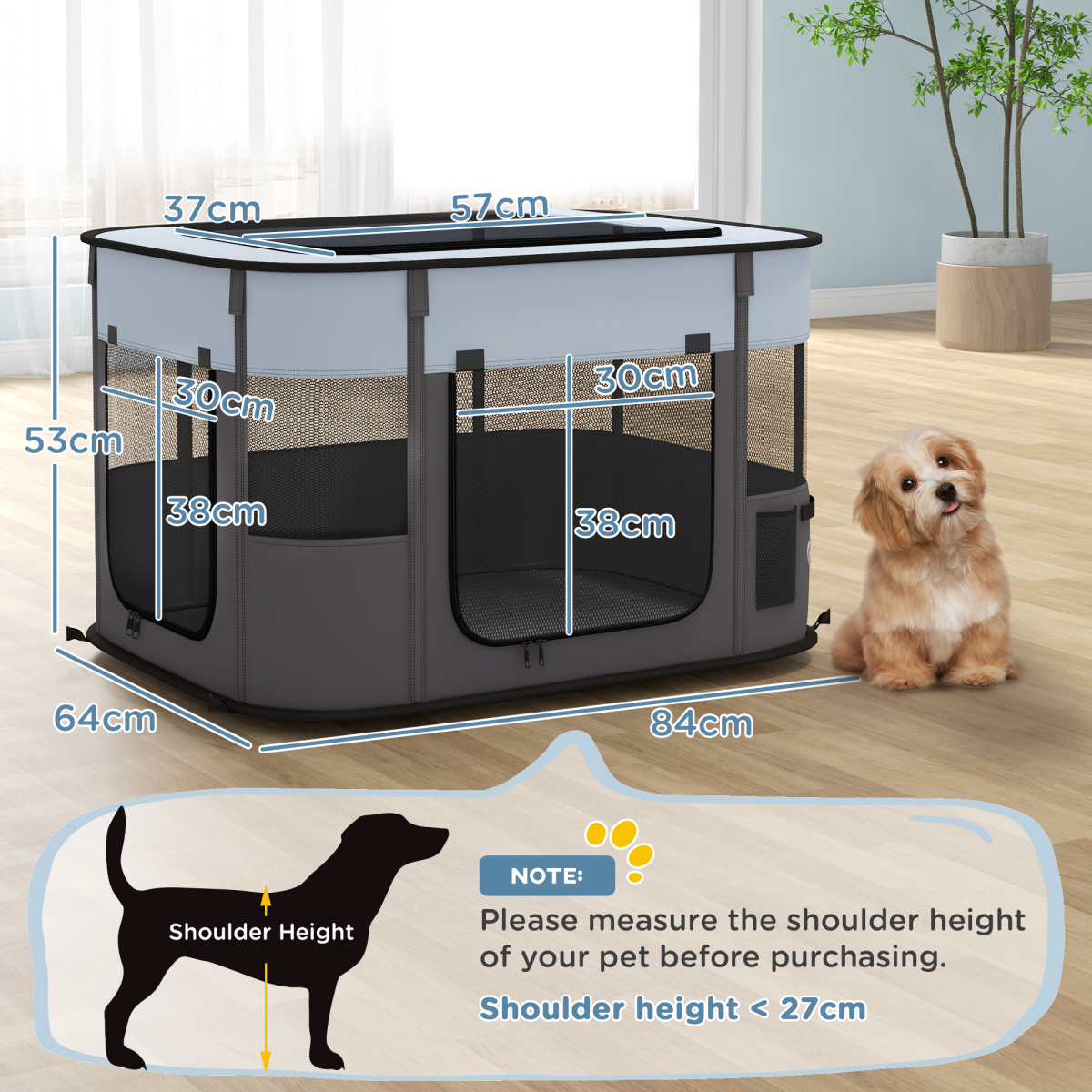 Grey portable dog pen for puppies, rabbits, kittens, and guinea pigs by PawHut, featuring a foldable metal enclosure for pets.