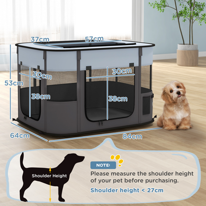 Grey portable dog pen for puppies, rabbits, kittens, and guinea pigs by PawHut, featuring a foldable metal enclosure for pets.