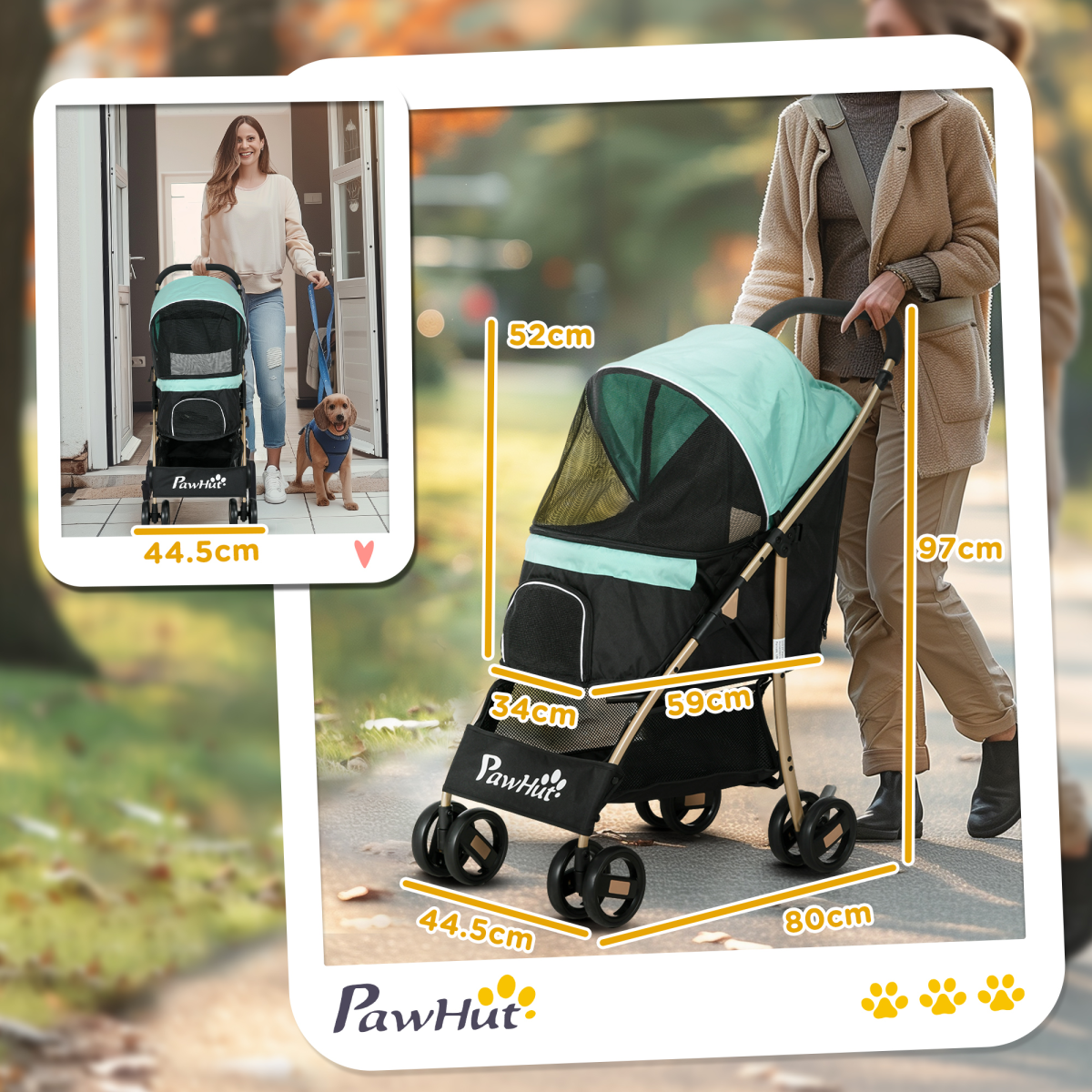 Green PawHut pet stroller for small dogs with rain cover, featuring a compact design and durable frame for easy transportation.