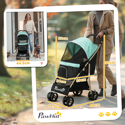Green PawHut pet stroller for small dogs with rain cover, featuring a compact design and durable frame for easy transportation.