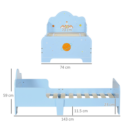 Zonekiz toddler bed with space-themed patterns, suitable for boys and girls ages 3-6, featuring colorful star and planet designs.