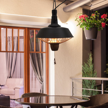 Black HOMCOM 2100W outdoor ceiling-mounted halogen electric patio heater hanging in a garden setting.