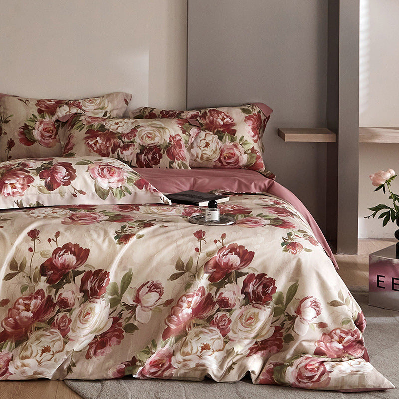 HOMCOM flower Tencel digital printed four-piece bedding set with floral design and soft fabric on a neatly made bed.