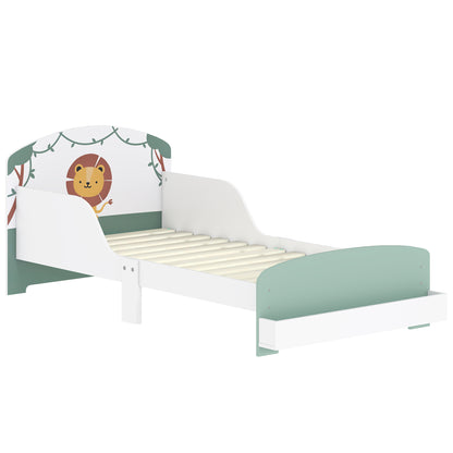Green toddler bed with lion design, storage drawers, guardrails, for ages 3-8, fits 140x70cm mattress by HOMCOM.
