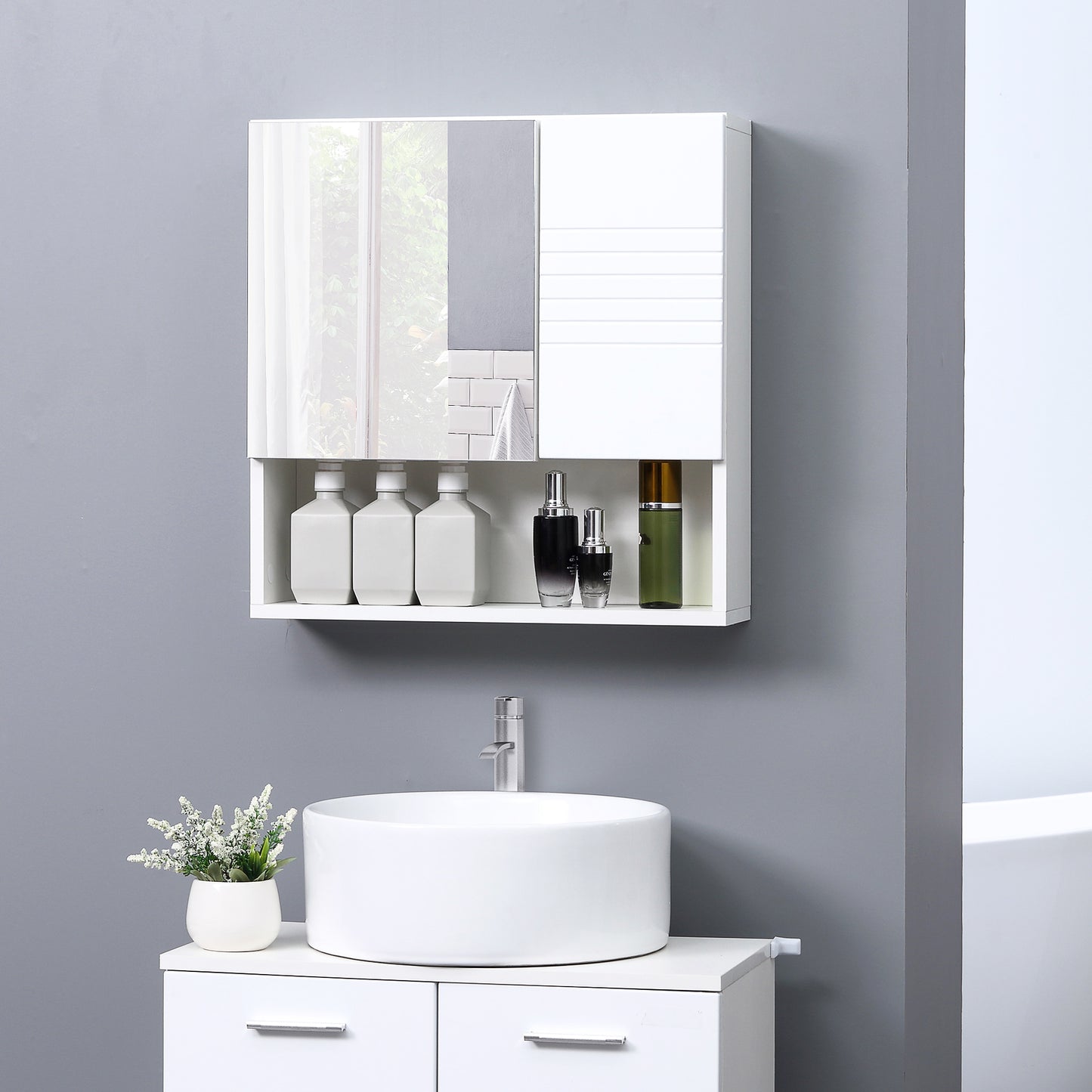 HOMCOM Kleankin white bathroom mirror cabinet with double doors and adjustable shelves, wall-mounted storage unit.