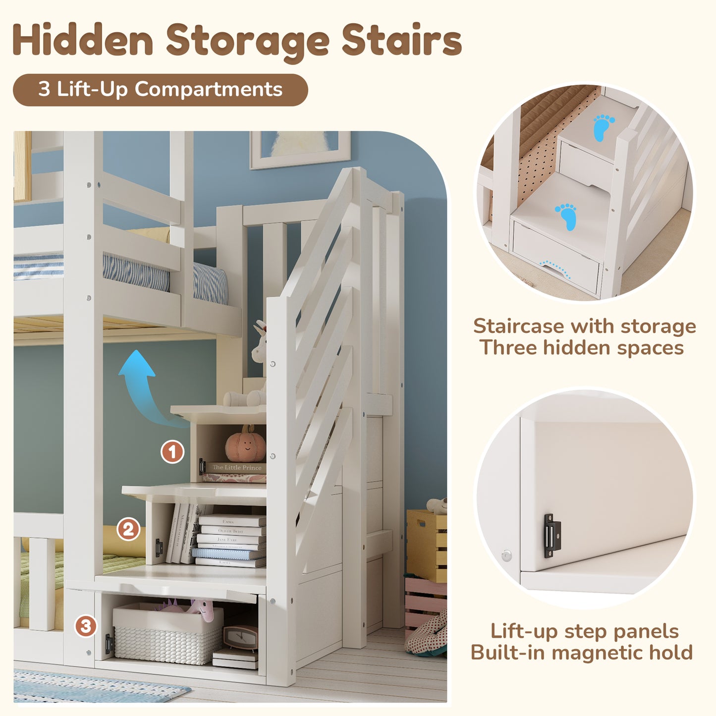White wooden bunk bed for kids with staircase storage and treehouse design, featuring twin sleeper dimensions 90x190 cm.