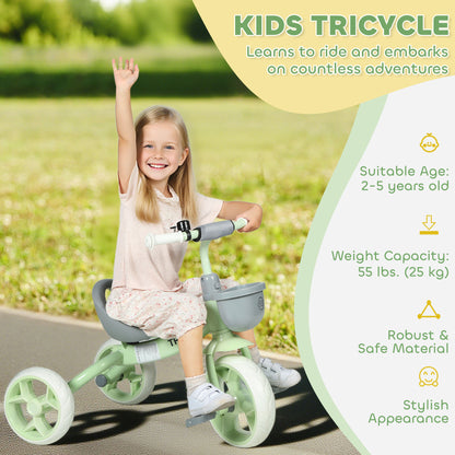 Green HOMCOM kids trike with front basket, EVA wheels, suitable for toddlers aged 2-5 years, for indoor and outdoor play.