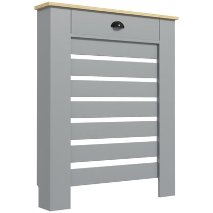 Grey HOMCOM radiator cover with a drawer, measuring 95.5H x 78W cm, featuring a sleek design and functional storage drawer.