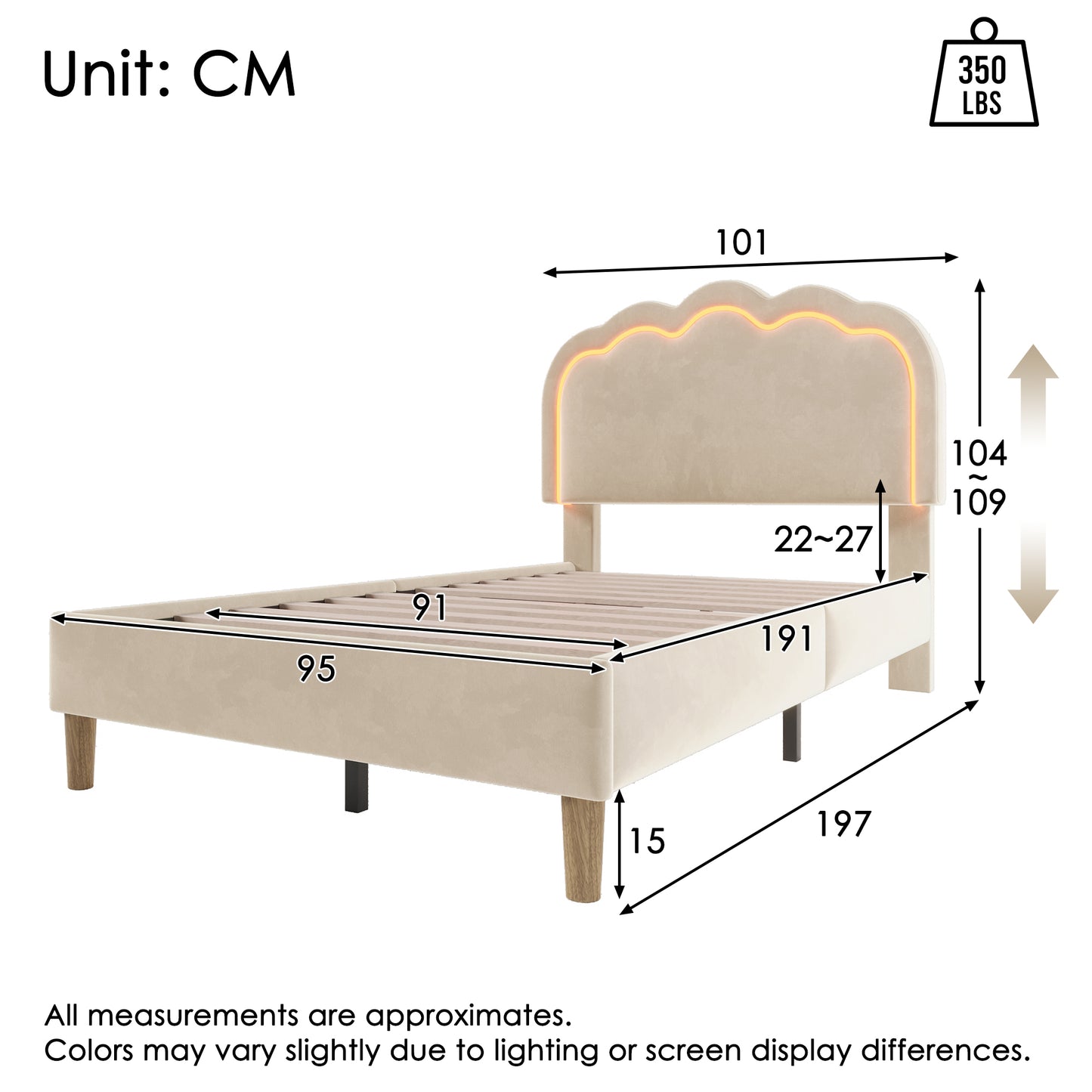 HOMCOM beige velvet upholstered single bed with LED lights, wooden slats, adjustable headboard, suitable for teen or guest bedroom.