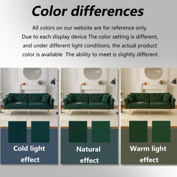 Modern 2-Seater Velvet Sofa Bed with Adjustable Backrest & Gold Metal Legs